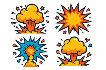 Set of cartoon explosion effects. Comic book boom and blast clouds. Vector illustration of a bang flash. Pop art fire bomb graphic elements. Dynamic power burst icons.