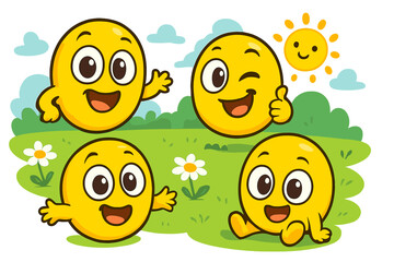 Set of cute yellow emoji characters with happy expressions on a summer meadow. Cheerful emoticons waving and winking. Funny smiley faces on a sunny day. Vector cartoon concept.