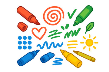 Vector collection of bright markers and hand-drawn doodles. Creative art and school supplies set with symbols, scribbles, heart, and sun icons. Cartoon illustration.