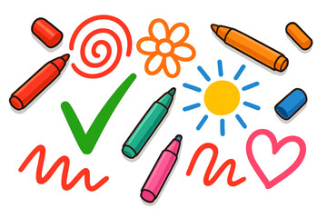 Colorful marker pen doodle set. Hand drawn vector cartoon drawings. Creative kid's art with scribble, checkmark, heart, sun, flower symbols. School supplies illustration.