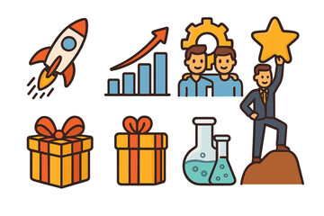 Business icons set for startup success. Vector collection of growth chart, teamwork collaboration, achievement star, rocket launch, gift bonus and chemistry research.