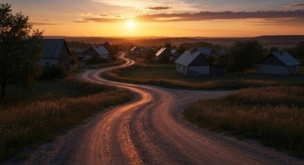 Winding country road at sunset through a village.  Golden sunlight bathes rustic houses and fields.  Peaceful rural scene