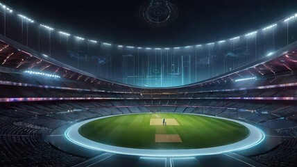 A futuristic cricket stadium illuminated by bright lights for a night match