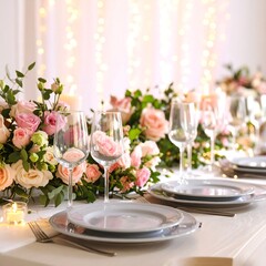Elegant floral table setting with candles and glassware