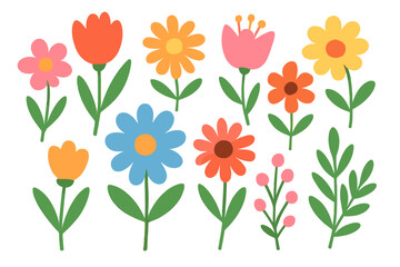 Collection of cute cartoon flowers. Colorful flat vector illustration. Spring summer floral set. Isolated botanical design elements for decor, greeting cards, sticker.