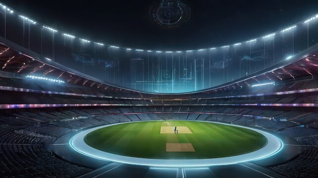 A futuristic cricket stadium illuminated by bright lights for a night match - Powered by Adobe