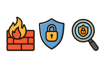 Cybersecurity vector icon set with firewall, secure VPN, privacy shield & threat search symbol. Digital protection, network safety, data defense, and antivirus scan concept.