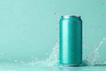 Teal Aluminum Can with Water Splash on Aqua Background