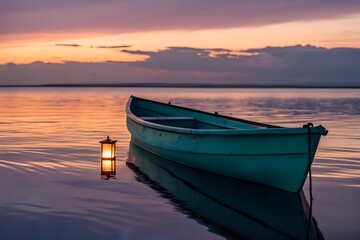 Naklejka premium Teal Rowboat at Sunset with Lantern