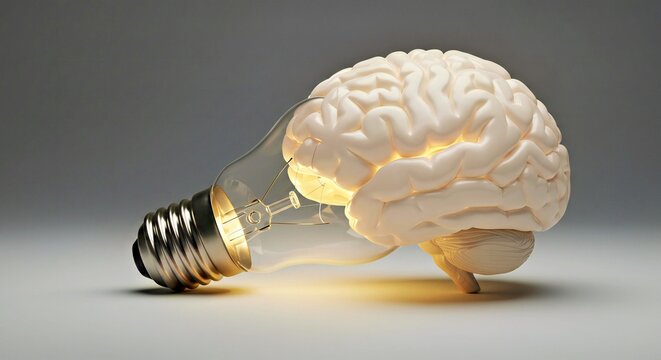 A glowing human brain designed in the shape of an LED light bulb, radiating soft white ligh