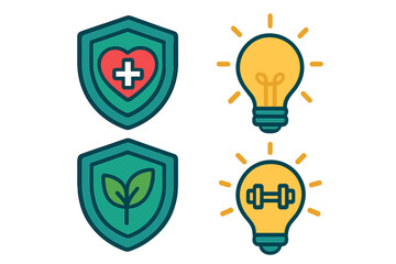 Health and wellness vector icon set. Flat cartoon illustration of shield for protection, medical insurance. Heart with cross, natural leaf. Light bulb for idea, dumbbell for fitness.