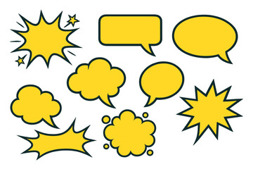 Set of yellow comic speech bubbles. Pop art style message clouds. Cartoon dialogue talk shapes and explosion burst effects for surprise or pow expression. Vector graphic element.