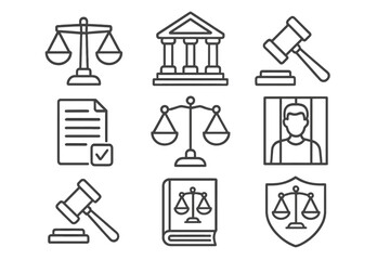 Legal icons set in thin line style. Law and justice symbols. Courthouse, gavel, scales, prisoner vector signs. Court, crime, and punishment outline pictogram collection.