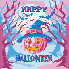 Obraz premium Spooky Halloween pumpkin with bats and trees in pink and blue