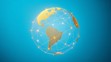Golden interconnected lines forming an abstract globe against a gradient blue sky, symbolizing global business concepts.