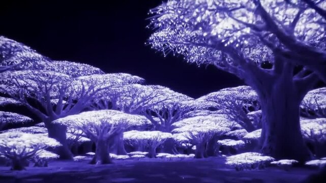 Surreal landscape with glowing trees under a dark sky.