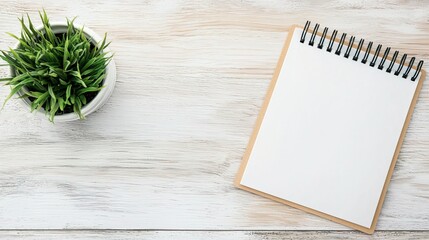 Overhead shot of a financial planning workbook open to a blank page, beginning new goals 