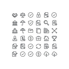 Set of black line icons for business law finance and documents vector