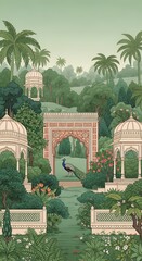 Lush Indian Garden with Pavilion Peacock and Palm Trees  Elegant Vector Illustration