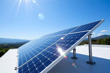 Innovative Solar Technology Installation Rooftop Location Eco-Conscious Design Clear Sky Environment Wide Angle View