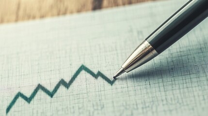 Overhead shot of a pen drawing an upward arrow on a blank financial chart, symbolizing progress, 