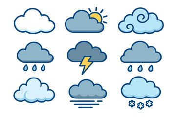 Varied cloud shapes flat vector illustration representing diverse weather conditions and artistic styles, including sunny, rainy, stormy, foggy, and snowy weather icons, cartoon vector graphics