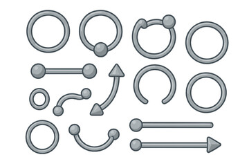 Vector flat illustration of various metallic jewelry designs including rings, barbells, circular bars, and arrow-shaped styles for accessorizing, body piercing, and fashion decor