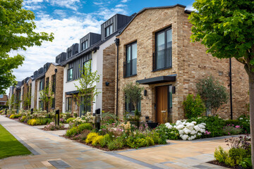 Contemporary British houses with neat gardens, clean architecture, and brick exteriors. Perfect for illustrating suburban housing projects, property sales, and residential lifestyle imagery.