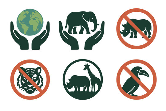 Wildlife protection symbols and conservation icons, animal silhouettes with anti-poaching no hunting signs, vector cartoon illustration, endangered species care, environmental preservation set