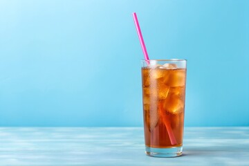 Iced Brown Soda in Glass with Pink Straw on Blue Background