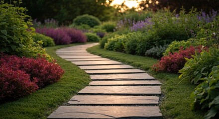 Winding stone path through a lush garden at sunset