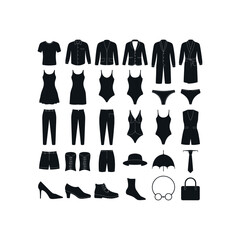 Collection of black clothing and accessory silhouettes on white background t shirt