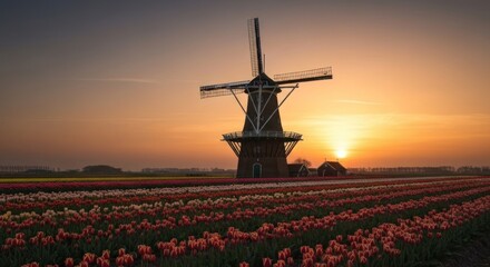 Windmill silhouette against colorful tulip fields at sunrise