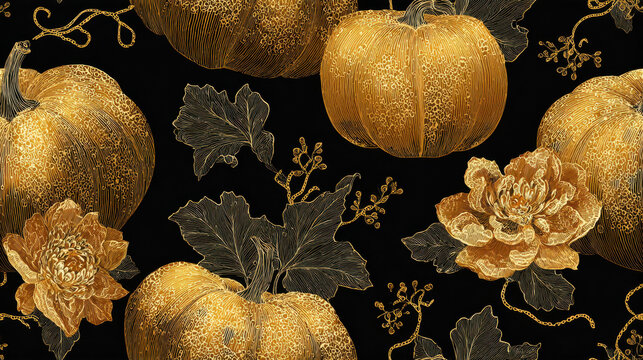 Luxury pattern of golden pumpkins with flowers and leaves on a black background