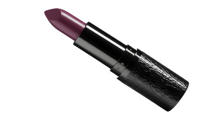 Plum lipstick displays against a black backdrop with a textured tube. Perfect for makeup product photography, branding, or posters.