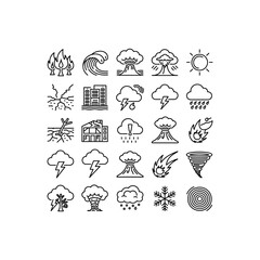 Collection of black line icons representing natural disasters and weather phenomena fire forest fire