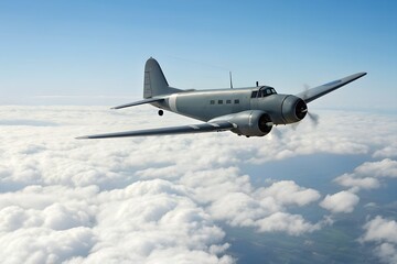 Obraz premium Vintage Military Airplane Soaring Above Clouds