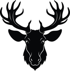 black silhouette of deer head with large antlers and expressive eyes