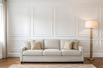 Beige Sofa in Bright Living Room with White Paneled Walls