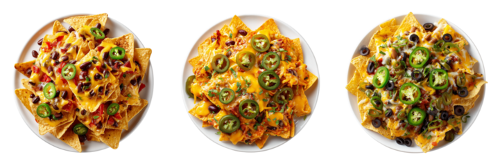 Three plates of loaded nachos with melted cheese and jalape?os isolated on a transparent background tortilla