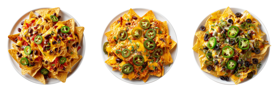 Three plates of loaded nachos with melted cheese and jalape?os isolated on a transparent background tortilla