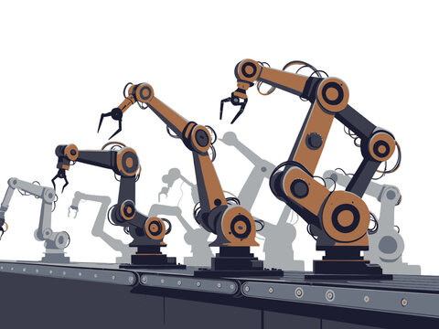 Robotic Arms on Conveyor Belt in Pixel Art Style with Brown and Gray Color Palette on transparent Background - Powered by Adobe