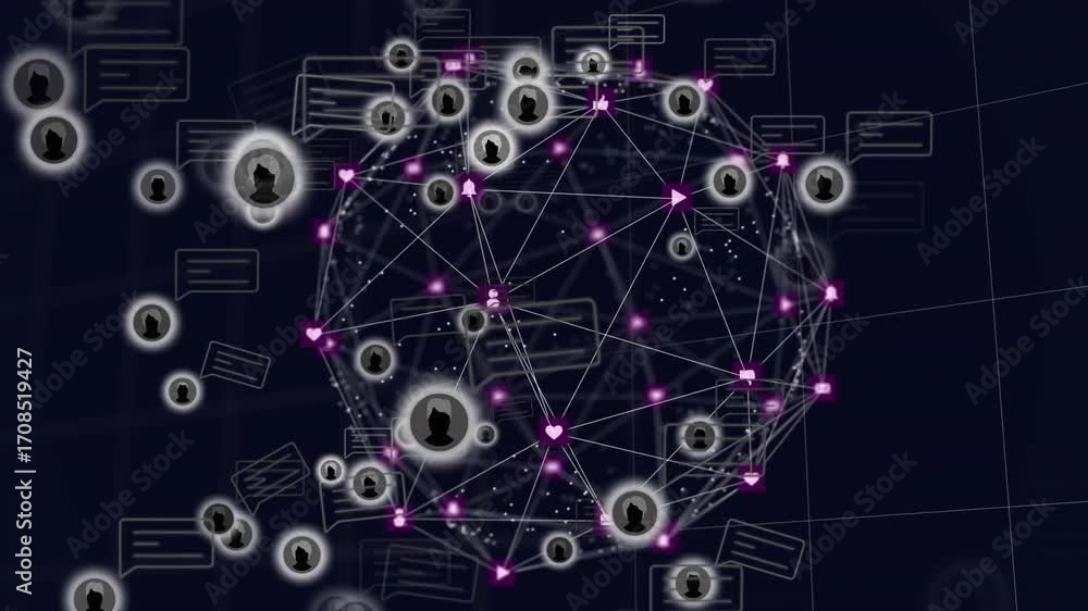 Poster on play start rotating 3d sphere showing drifting icons pulsing links highlighting network growth