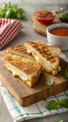 Close-up of grilled cheese sandwiches on a wooden board, with tomato soup and sauce in the background.