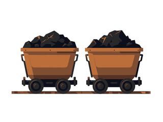 Pixel Art Style of Two Coal Carts on Rails in Brown Hues Against a Dark Background