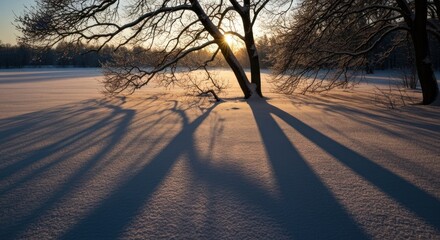 Winter sunrise over snow-covered landscape, long shadows cast by trees