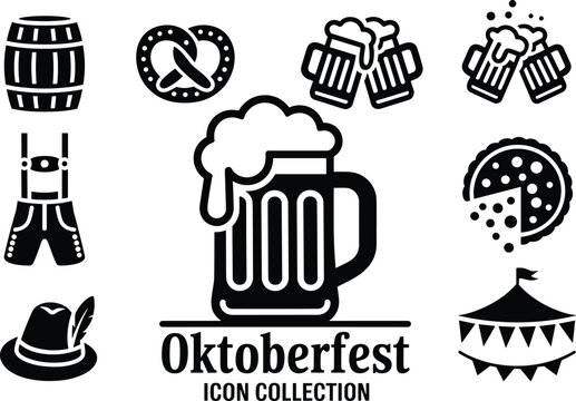 Oktoberfest icon collection, beer mug, pretzel, festival tent, German food, lederhosen, pizza slice, barrel, celebration clipart