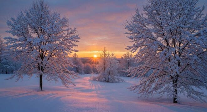 Winter sunrise, snow-covered trees