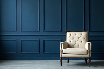 Beige Armchair Against a Dark Blue Paneled Wall