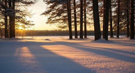 Winter sunset in a snowy forest. Long shadows stretch across a pristine snow-covered landscape as the sun sets, illuminating tall pine trees